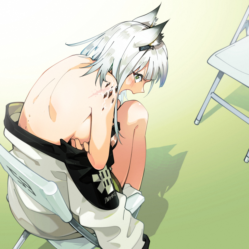 1girl, angry, animal_ear_fluff, animal_ears, arknights, bare_arms, bare_back, bare_legs