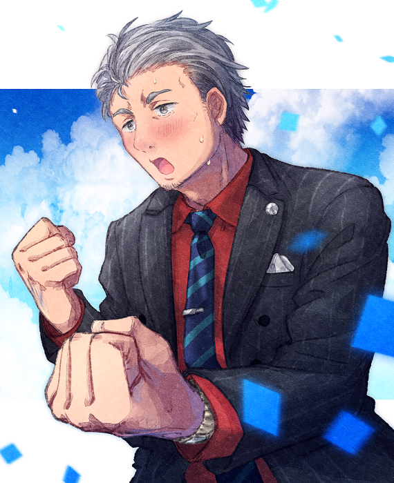 1boy, black_jacket, blue_necktie, blush, clenched_hands, collared_shirt, diagonal-striped_clothes, diagonal-striped_necktie