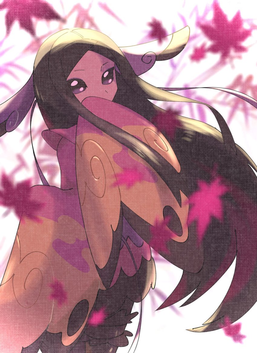 1girl, autumn_leaves, black_hair, black_pantyhose, blurry, commentary, cowboy_shot, gym_leader