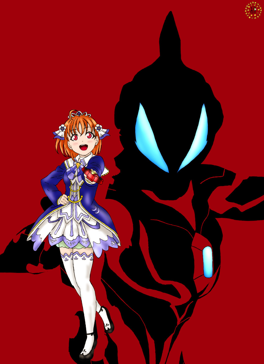 1boy, 1girl, alien, artist_request, black_footwear, blue_eyes, blush, bow