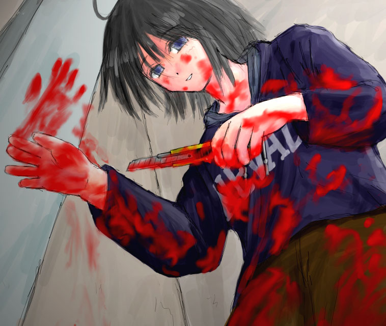 artist_request, black_hair, blood, blue_eyes, boxcutter, hood, hooded_jacket, jacket
