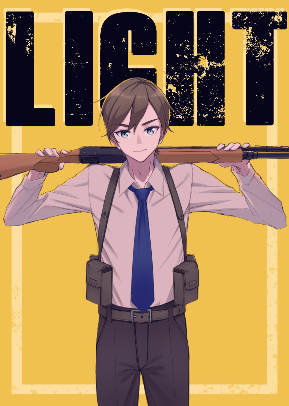 1boy, belt, belt_buckle, blue_necktie, brown_hair, buckle, character_name, collared_shirt