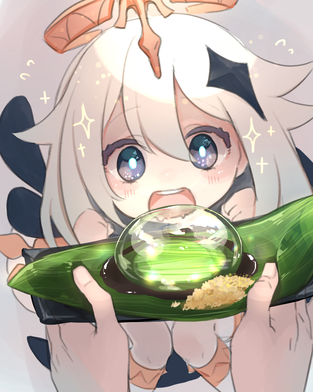 1girl, blush, boots, flying_sweatdrops, food, genshin_impact, grey_background, hair_ornament