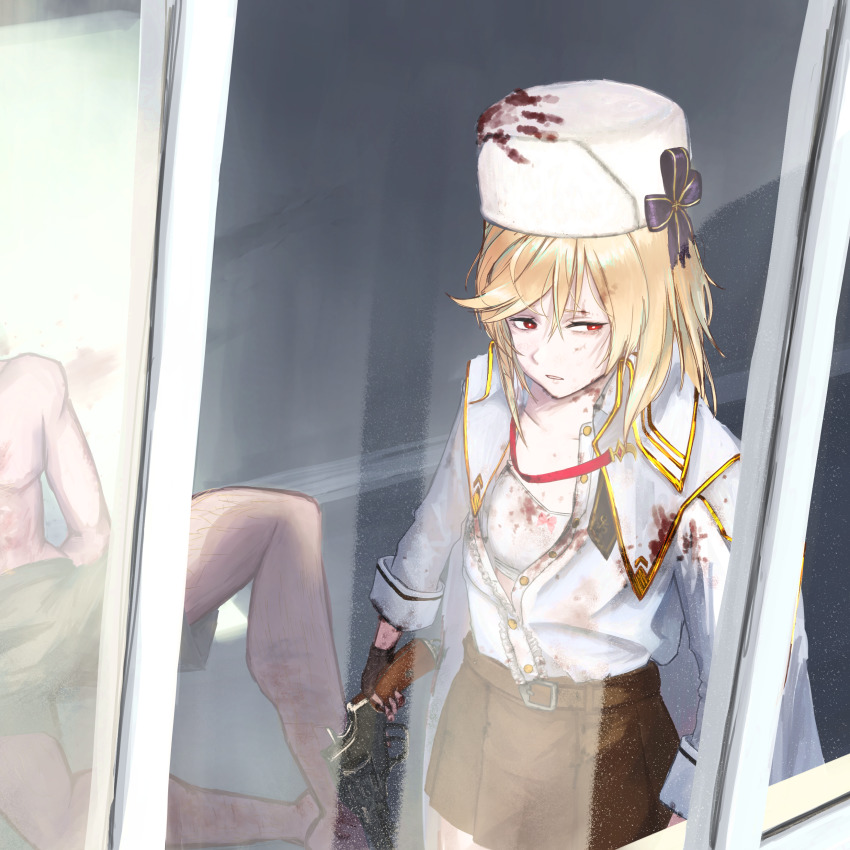 1boy, 1girl, 746kuchiku, absurdres, belt, belt_buckle, blonde_hair, blood, blood_on_clothes, bloody_handprints, bra, brown_skirt, buckle, commentary_request, corpse, death, fur_hat, gas-seal_revolver, girls'_frontline, gun, handgun, handprint, hat, highres, holding, holding_gun, holding_weapon, indoors, long_hair, long_sleeves, looking_outside, looking_to_the_side, nagant_m1895, nagant_revolver_(girls'_frontline), open_clothes, open_shirt, papakha, red_eyes, revolver, shirt, skirt, standing, underwear, weapon, white_bra, white_headwear, white_shirt, window