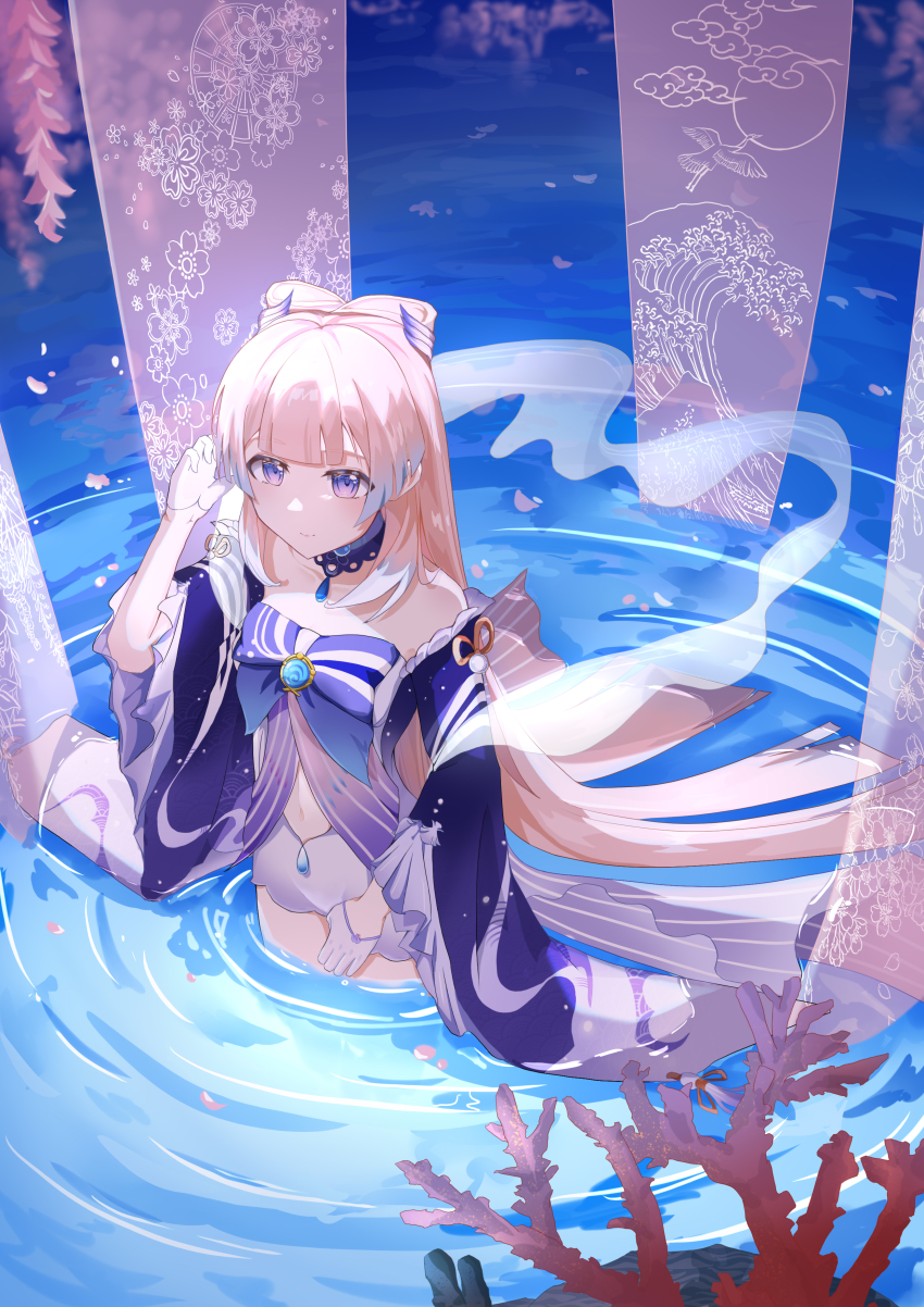 1girl, absurdres, bare_shoulders, blunt_bangs, collarbone, commentary_request, detached_sleeves, franhill