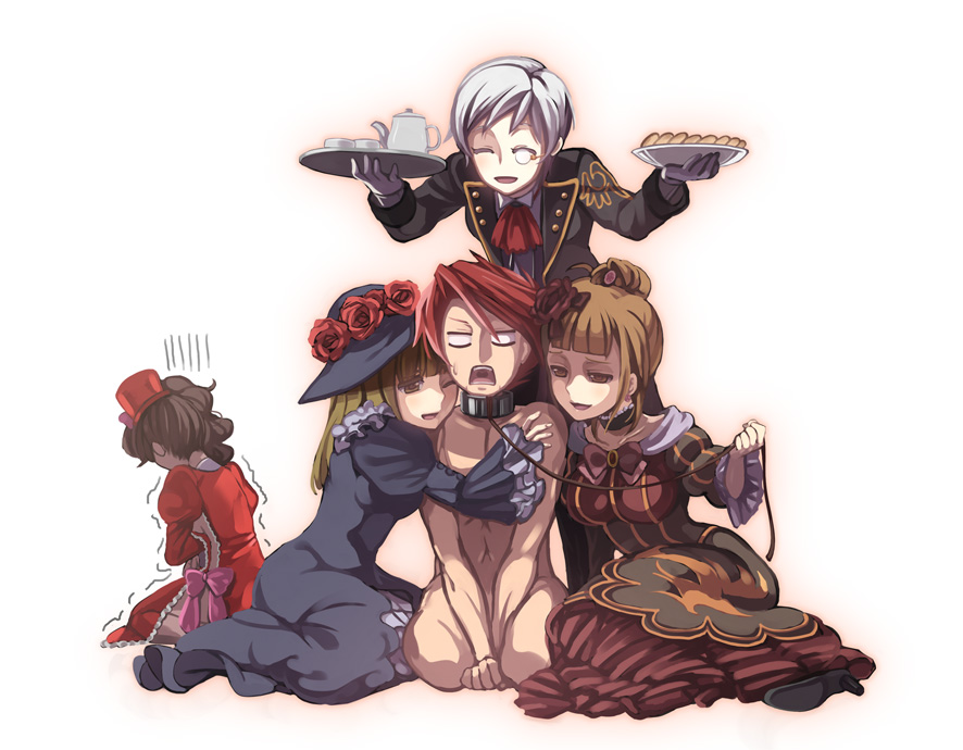 1boy, 4girls, bad_id, bad_pixiv_id, beatrice_(cosplay), beatrice_(umineko), bow, breasts, brown_eyes, brown_hair, collar, cookie, cosplay, cup, dress, food, formal_clothes, frills, gaap_(cosplay), gaap_(umineko), hat, leash, mini_hat, mini_top_hat, monocle, multiple_girls, nude, orange_hair, red_hair, rom_sen, ronove_(cosplay), ronove_(umineko), short_hair, sideboob, silver_hair, suit, tea, teacup, top_hat, umineko_no_naku_koro_ni, ushiromiya_battler, ushiromiya_eva, ushiromiya_kyrie, ushiromiya_natsuhi, ushiromiya_rosa, virgilia_(cosplay), virgilia_(umineko)