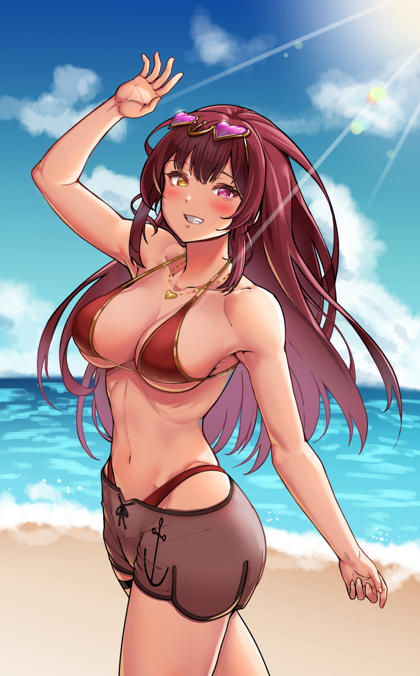 1girl, absurdres, badge, beach, bikini, bikini_under_clothes, blush, breasts
