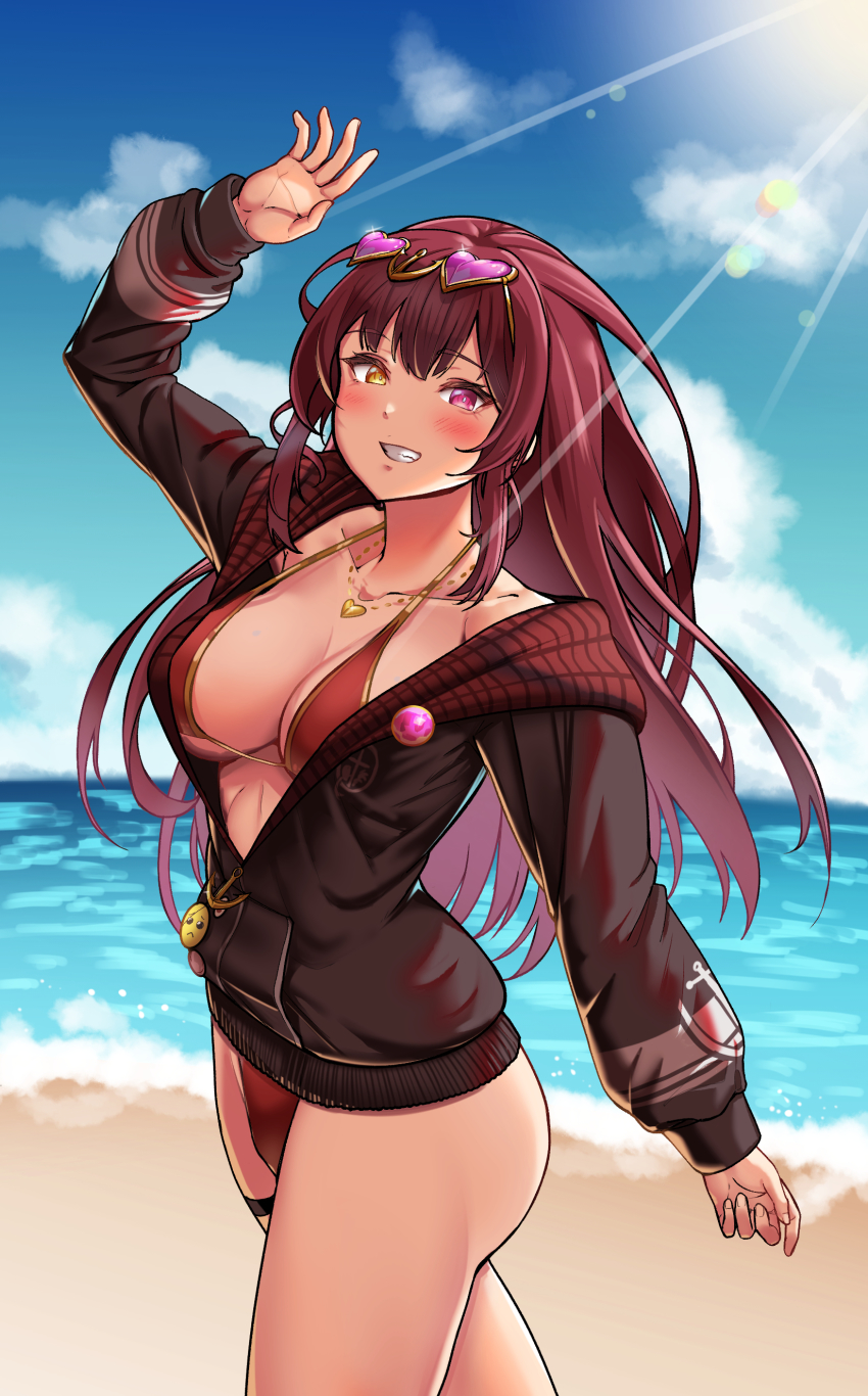 1girl, absurdres, badge, beach, bikini, bikini_under_clothes, black_jacket, blush