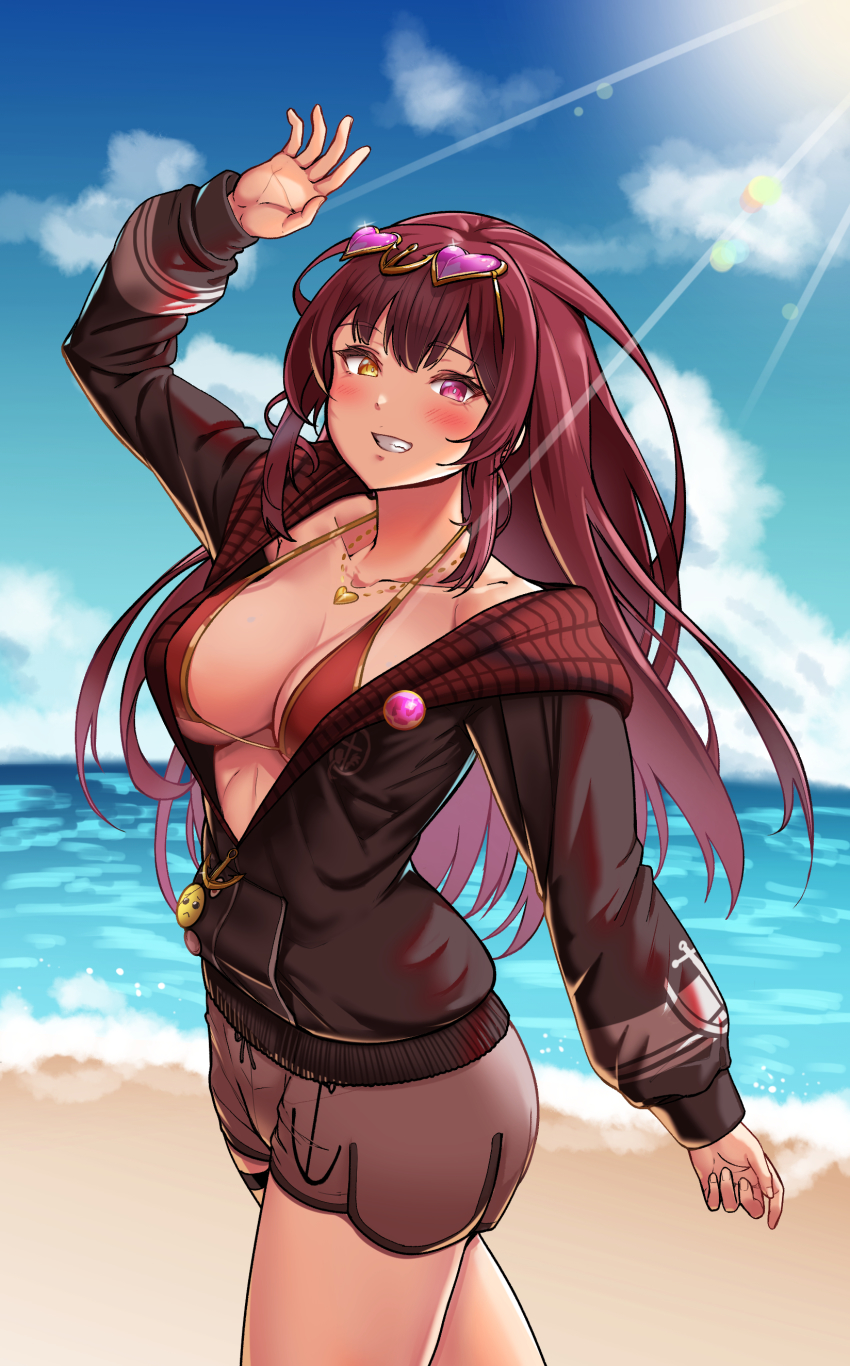 1girl, absurdres, badge, beach, bikini, bikini_under_clothes, black_jacket, blush