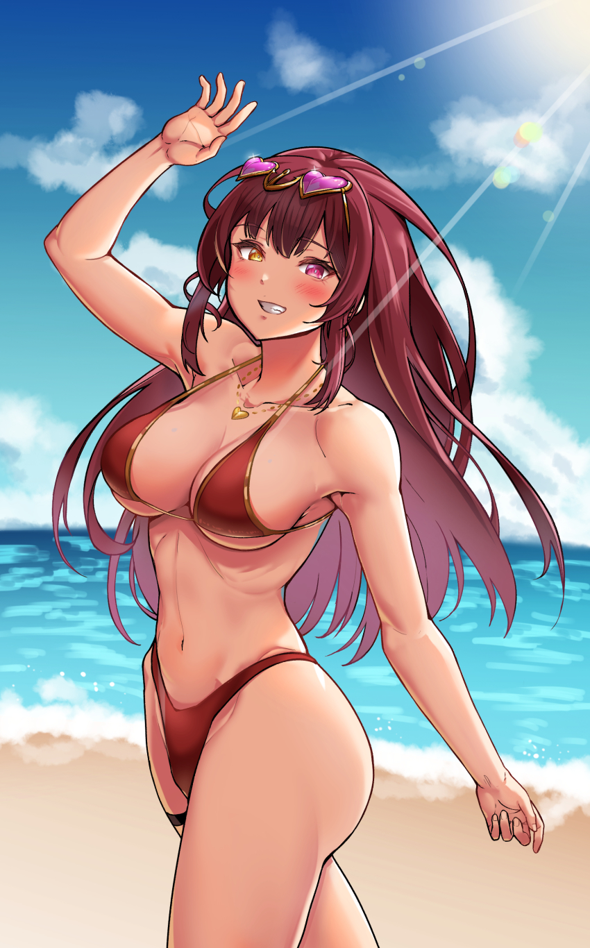 1girl, absurdres, beach, bikini, blush, breasts, cloud, collarbone