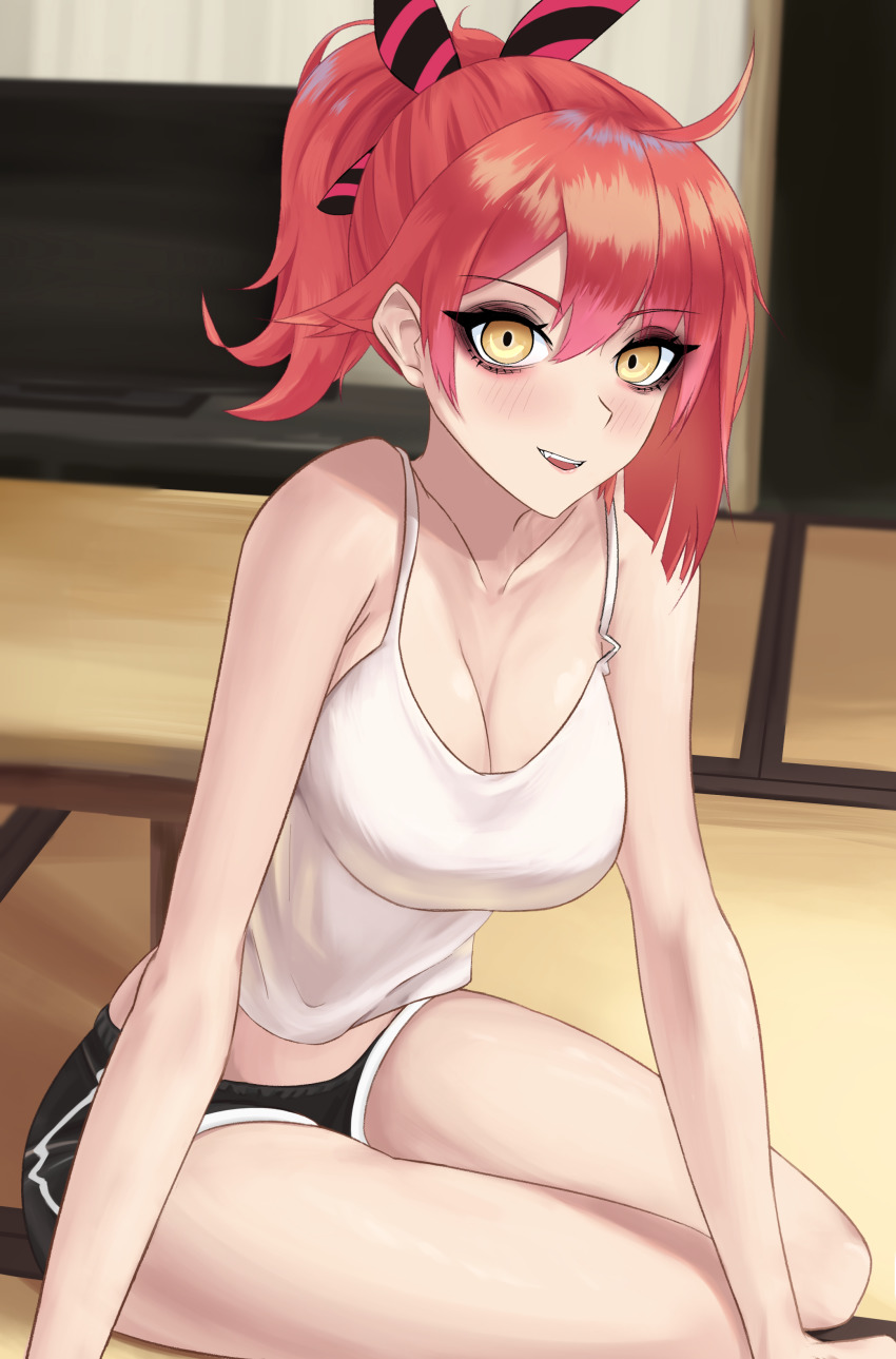 1girl, absurdres, blush, collarbone, fang, girls'_frontline, highres, loungewear