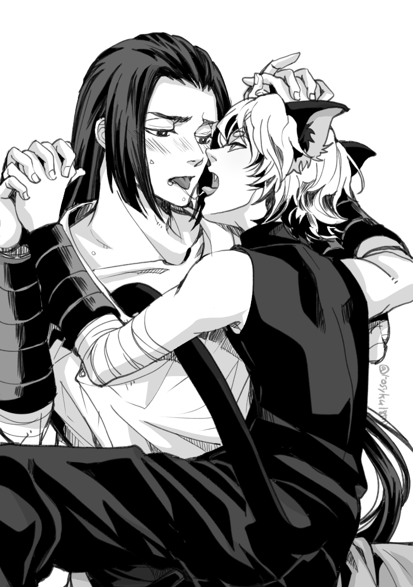 2boys, after_kiss, animal_ears, blush, cat_boy, cat_ears, cat_tail, collarbone, couple, eye_contact, greyscale, higashiyama_kazuko, holding_hands, interlocked_fingers, long_hair, looking_at_another, luo_xiaohei, luo_xiaohei_(human), luo_xiaohei_zhanji, male_focus, monochrome, multiple_boys, saliva, saliva_trail, short_hair, tail, tongue, tongue_out, wuxian_(the_legend_of_luo_xiaohei), yaoi