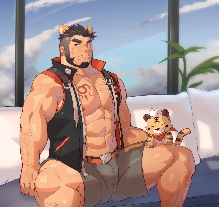 1boy, abs, alca_(wakatanka4), animal_ears, bara, beard, black_hair, blush
