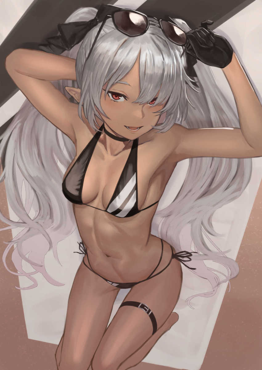 1girl, absurdres, arm_behind_back, arm_behind_head, armpits, arms_up, bad_id, bad_pixiv_id, bare_arms, bare_shoulders, bikini, black_bikini, black_bow, black_choker, black_gloves, black_ribbon, blue_archive, bow, breasts, choker, cleavage, collarbone, dark-skinned_female, dark_skin, eyewear_on_head, from_above, gloves, hair_bow, hair_over_one_eye, highres, iori_(blue_archive), iori_(swimsuit)_(blue_archive), kneeling, konoike_(pepe_expect), long_hair, looking_at_viewer, looking_up, medium_breasts, multi-strapped_bikini_bottom, navel, red_eyes, revision, ribbon, side-tie_bikini_bottom, silver_hair, solo, stomach, string_bikini, sunglasses, swimsuit, thigh_gap, thigh_strap, twintails, very_long_hair