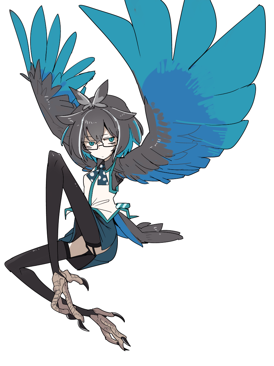 1girl, bags_under_eyes, black_hair, black_panties, black_thighhighs, blue_eyes, blue_skirt, expressionless, feathered_wings, female_focus, flying, garter_straps, glasses, harpy, highres, looking_at_viewer, monster_girl, monsterification, multicolored_hair, nanashi_inc., oura_rukako, oura_rukako_(1st_costume), panties, simple_background, skirt, solo, stirrup_legwear, thighhighs, toeless_legwear, tomatojam, underwear, virtual_youtuber, white_background, winged_arms, wings