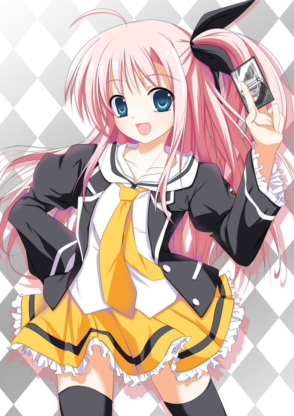 00s, 1girl, ahoge, blue_eyes, card, checkered_background, female_focus, flat_chest