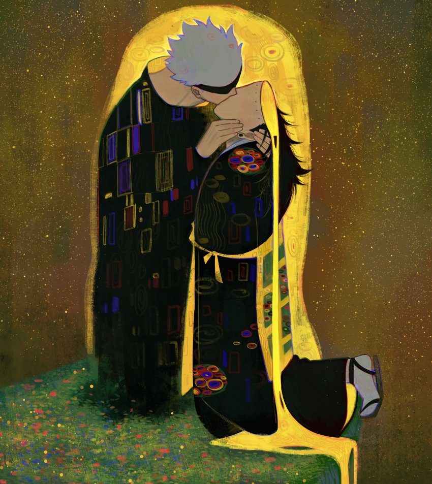 2boys, babyseven_77, black_hair, blindfold, ear_piercing, faceless, fine_art_parody, geto_suguru