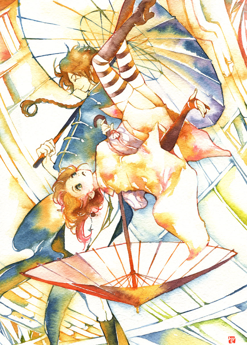 00s, 1boy, 1girl, boots, braid, brother_and_sister, chinese_clothes, gintama, highres, japanese_clothes, kagura_(gintama), kamui, kamui_(gintama), kimono, muttiy, oil-paper_umbrella, painting_(medium), red_hair, short_hair, siblings, single_braid, thighhighs, traditional_media, umbrella, watercolor_(medium)