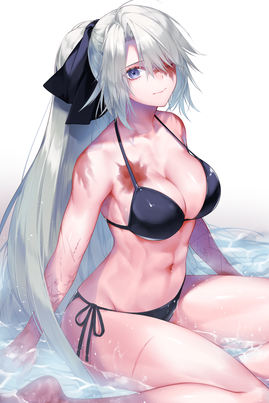 1girl, abs, bare_arms, bare_shoulders, bikini, black_bikini, blood, blood_on_face