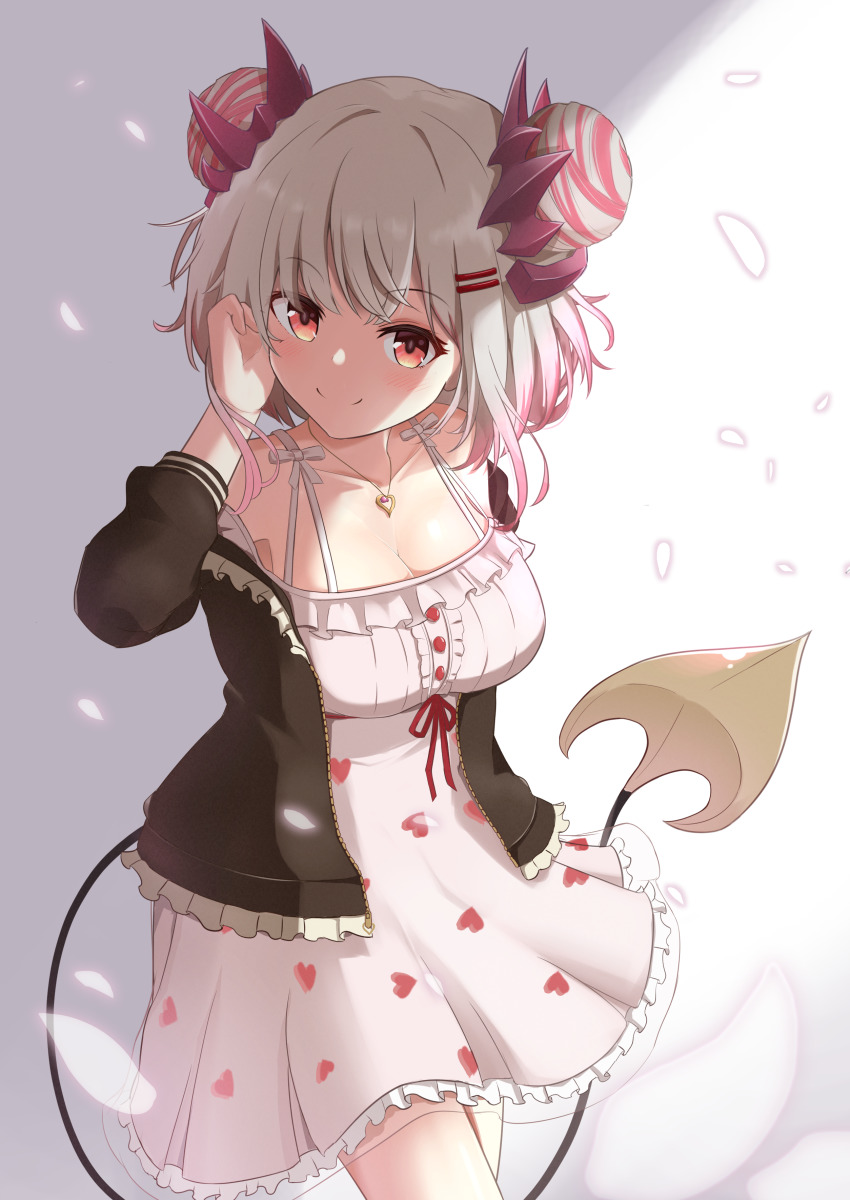 1girl, absurdres, arm_up, black_jacket, blonde_hair, blush, breasts, cleavage, closed_mouth, commentary_request, cowboy_shot, dress, hair_bun, hair_ornament, hairclip, highres, inema_11, jacket, jewelry, looking_at_viewer, medium_breasts, medium_hair, multicolored_hair, nanashi_inc., necklace, pink_hair, red_eyes, sidelocks, single_hair_bun, smile, solo, streaked_hair, suou_patra, suou_patra_(5th_costume), tail, tareme, virtual_youtuber, white_background, white_dress