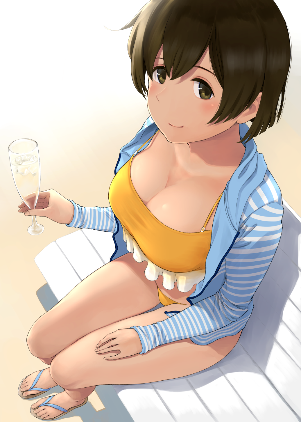 1girl, bikini, blue_jacket, blush, breasts, brown_eyes, brown_hair, cleavage, collarbone, highres, hiryuu_(kancolle), hiryuu_(swimsuit)_(kancolle), jacket, kantai_collection, large_breasts, long_sleeves, looking_at_viewer, sandals, short_hair, sitting, smile, solo, striped_clothes, striped_jacket, swimsuit, thighs, wa_(genryusui), yellow_bikini