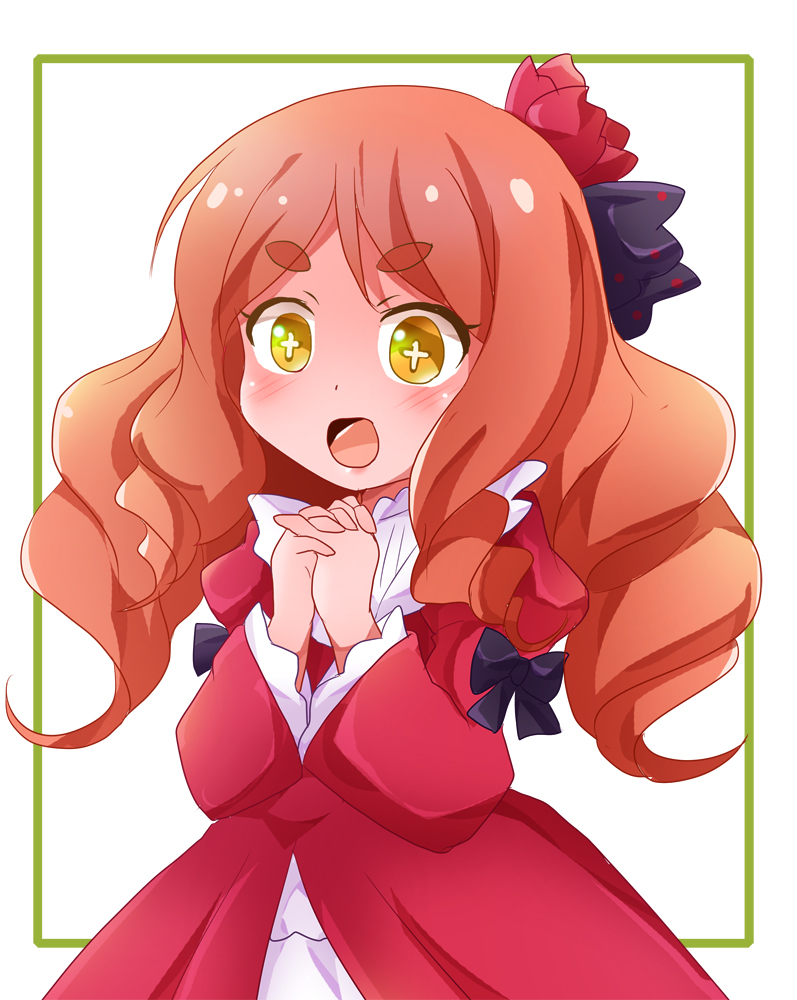 +_+, 1girl, :d, black_bow, blush, border, bow, cheat_kusushi_no_slow_life