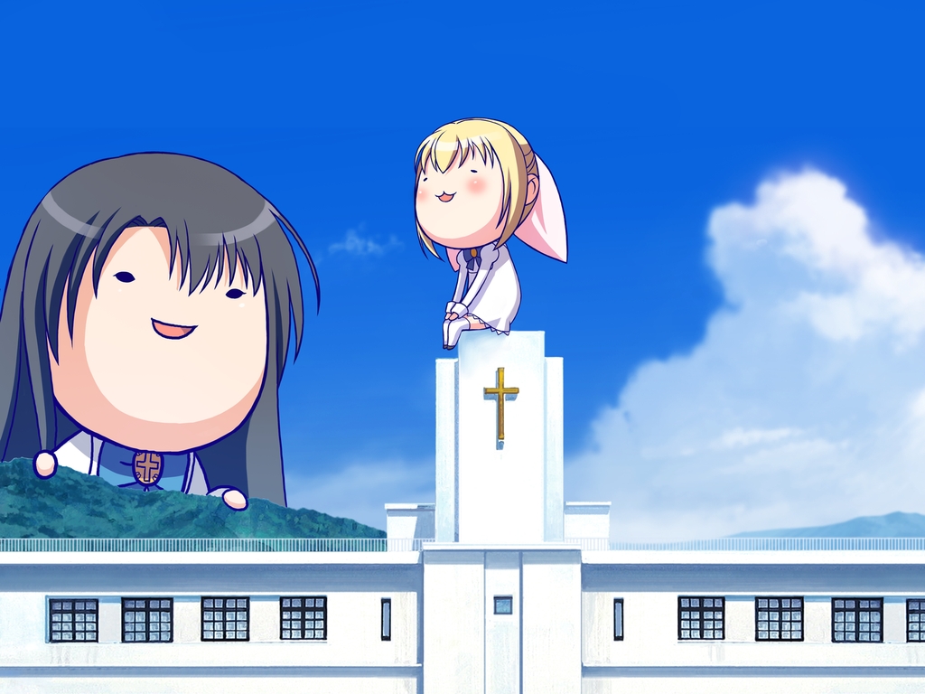 00s, 2girls, black_hair, blonde_hair, blue_sky, building, chibi, cloud