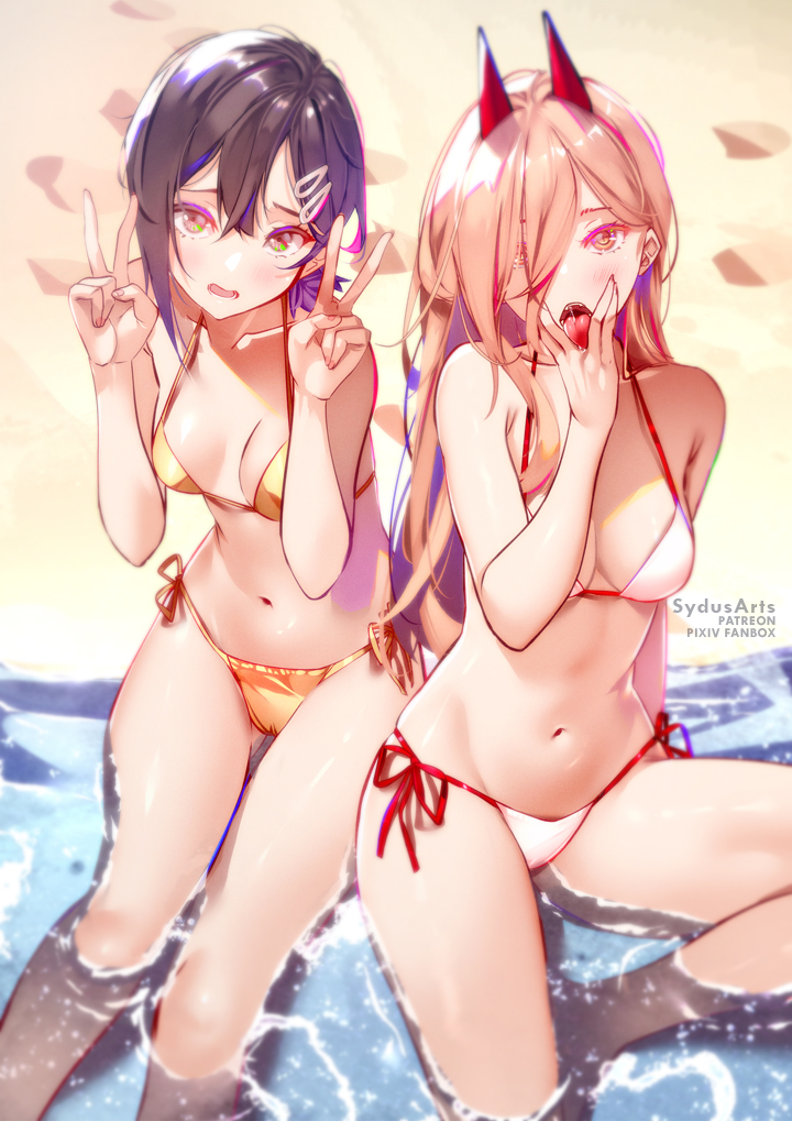 +_+, 2girls, artist_name, asymmetrical_hair, bare_legs, barefoot, beach, bikini, black_hair, blonde_hair, blush, breasts, chainsaw_man, cleavage, collarbone, commentary, cowboy_shot, cross-shaped_pupils, day, demon_horns, double_v, english_commentary, eyebrows_hidden_by_hair, eyelashes, footprints, from_above, furrowed_brow, hair_between_eyes, hair_ornament, hair_over_one_eye, hairclip, halterneck, hand_to_own_mouth, higashiyama_kobeni, horns, long_hair, looking_at_viewer, medium_breasts, medium_hair, multiple_girls, navel, nervous, open_mouth, orange_eyes, outdoors, paid_reward_available, parted_bangs, ponytail, power_(chainsaw_man), saliva, salute, short_ponytail, side-tie_bikini_bottom, sitting, soaking_feet, stomach, string_bikini, swimsuit, sydus, symbol-shaped_pupils, tongue, tongue_out, v, v_over_mouth, vulcan_salute, water, white_bikini, yellow_bikini