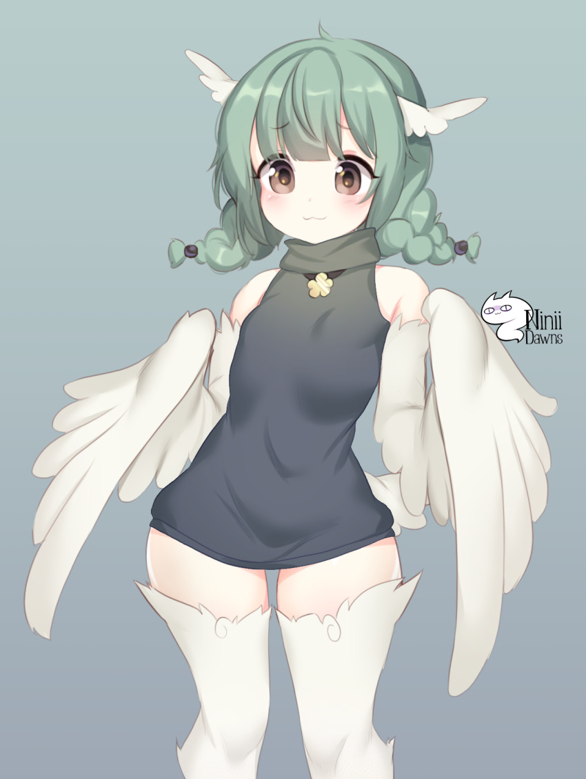 1girl, :3, artist_logo, artist_name, bare_shoulders, birb_(niniidawns), bird_legs, black_dress