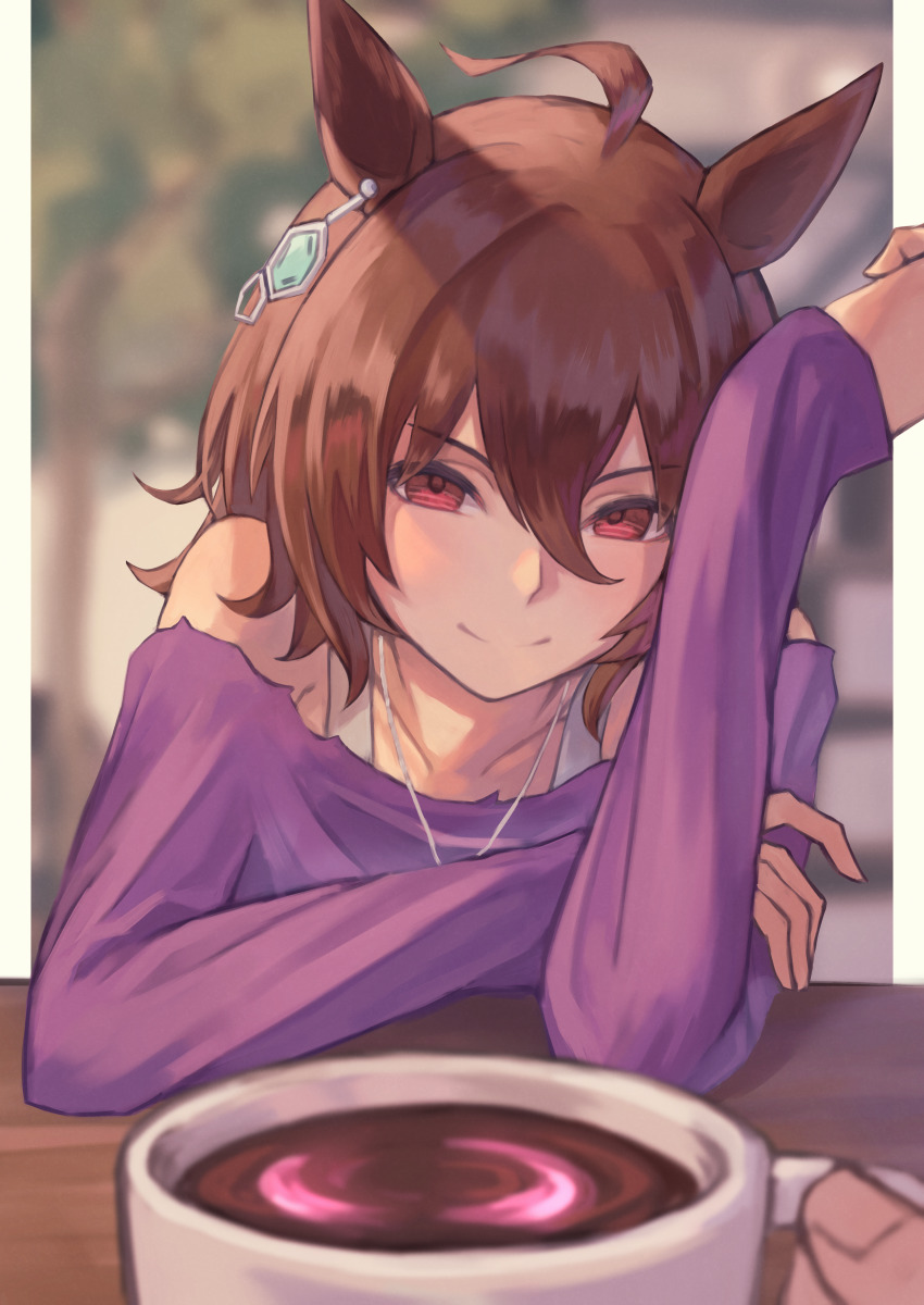 1girl, absurdres, agnes_tachyon_(casual)_(umamusume), agnes_tachyon_(umamusume), ahoge, animal_ears, bare_shoulders, blush, bra, bra_strap, brown_hair, casual, coffee, coffee_mug, cup, earrings, erulusyro, hair_between_eyes, highres, horse_ears, horse_girl, jewelry, long_sleeves, looking_at_viewer, messy_hair, mug, necklace, off-shoulder_shirt, off_shoulder, pov, pov_across_table, pov_hands, purple_shirt, red_eyes, shirt, short_hair, single_earring, smile, solo, solo_focus, umamusume, underwear, white_bra