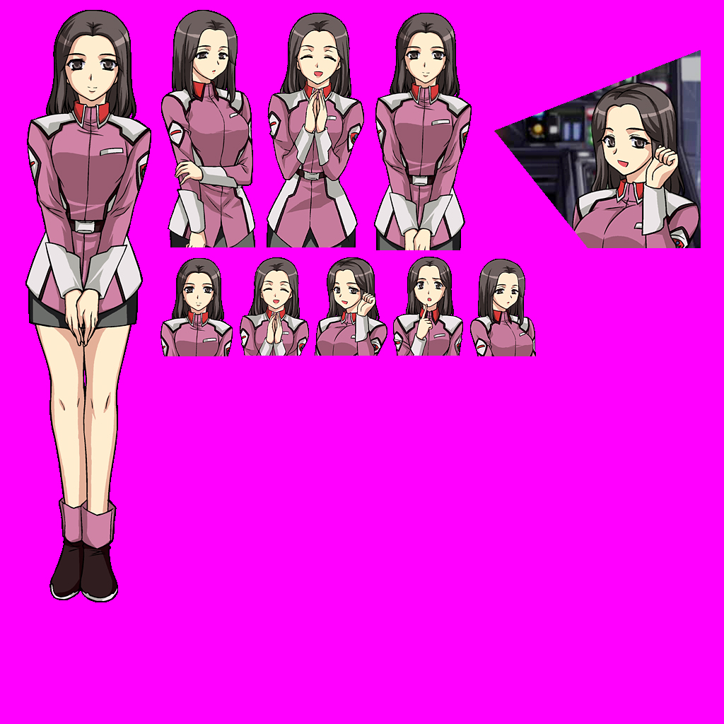 00s, 1girl, reference_sheet, multiple_expressions, gundam, gundam_seed, long_hair, military