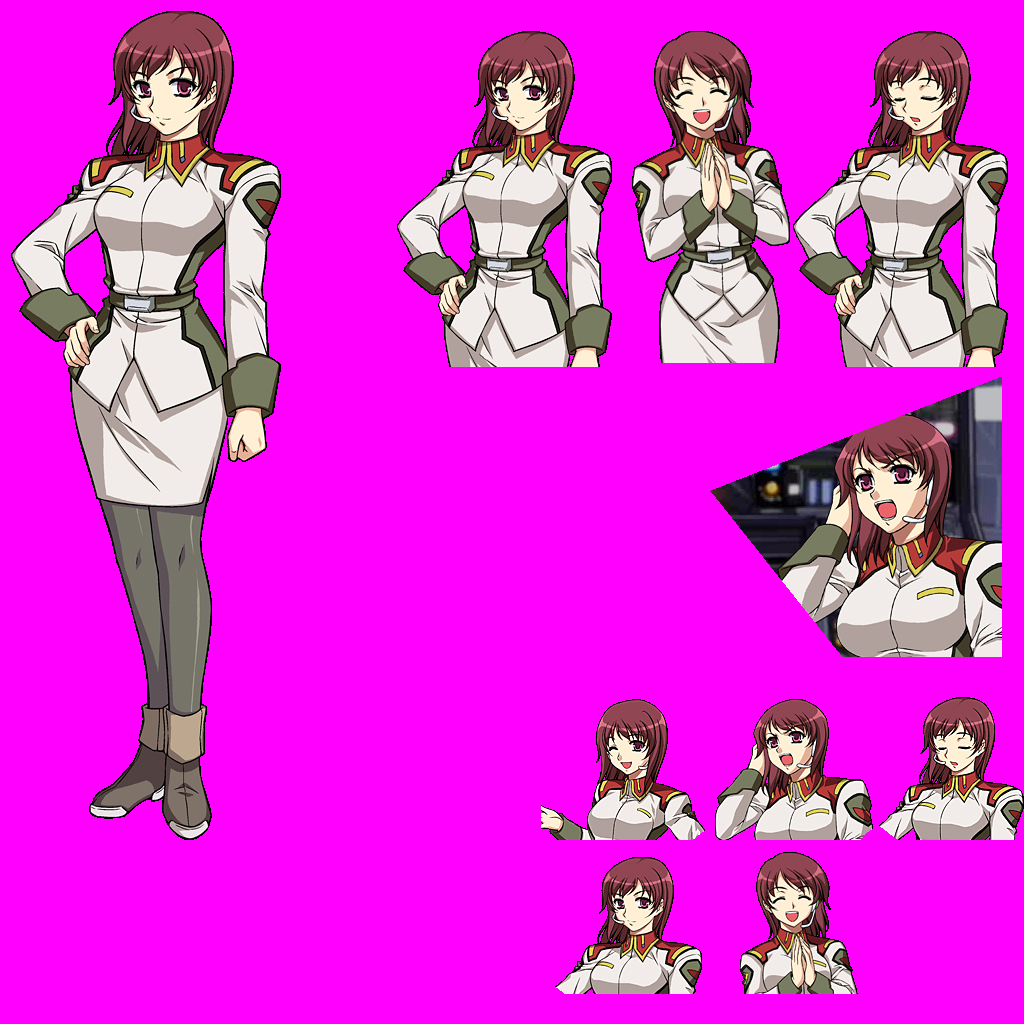00s, 1girl, breasts, brown_hair, reference_sheet, multiple_expressions, gundam, gundam_seed