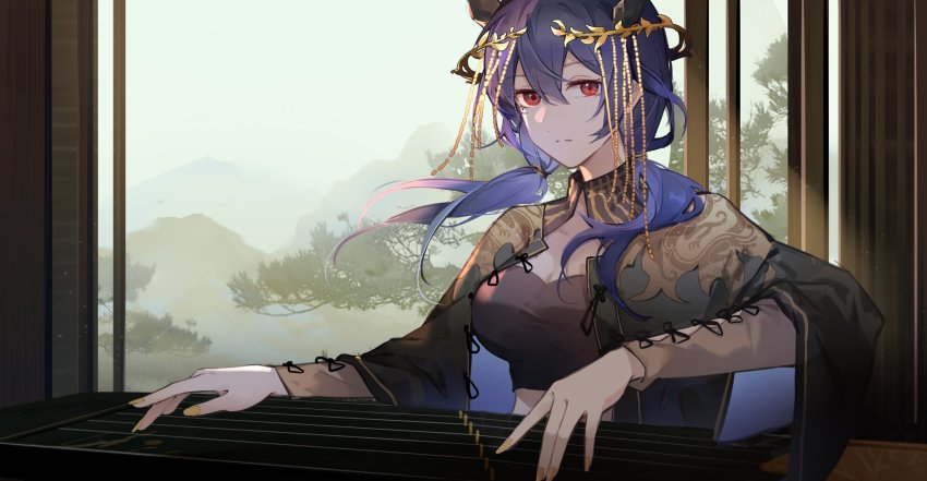 1girl, ambience_synesthesia, arknights, black_capelet, black_shirt, blue_hair, breasts, brown_sleeves