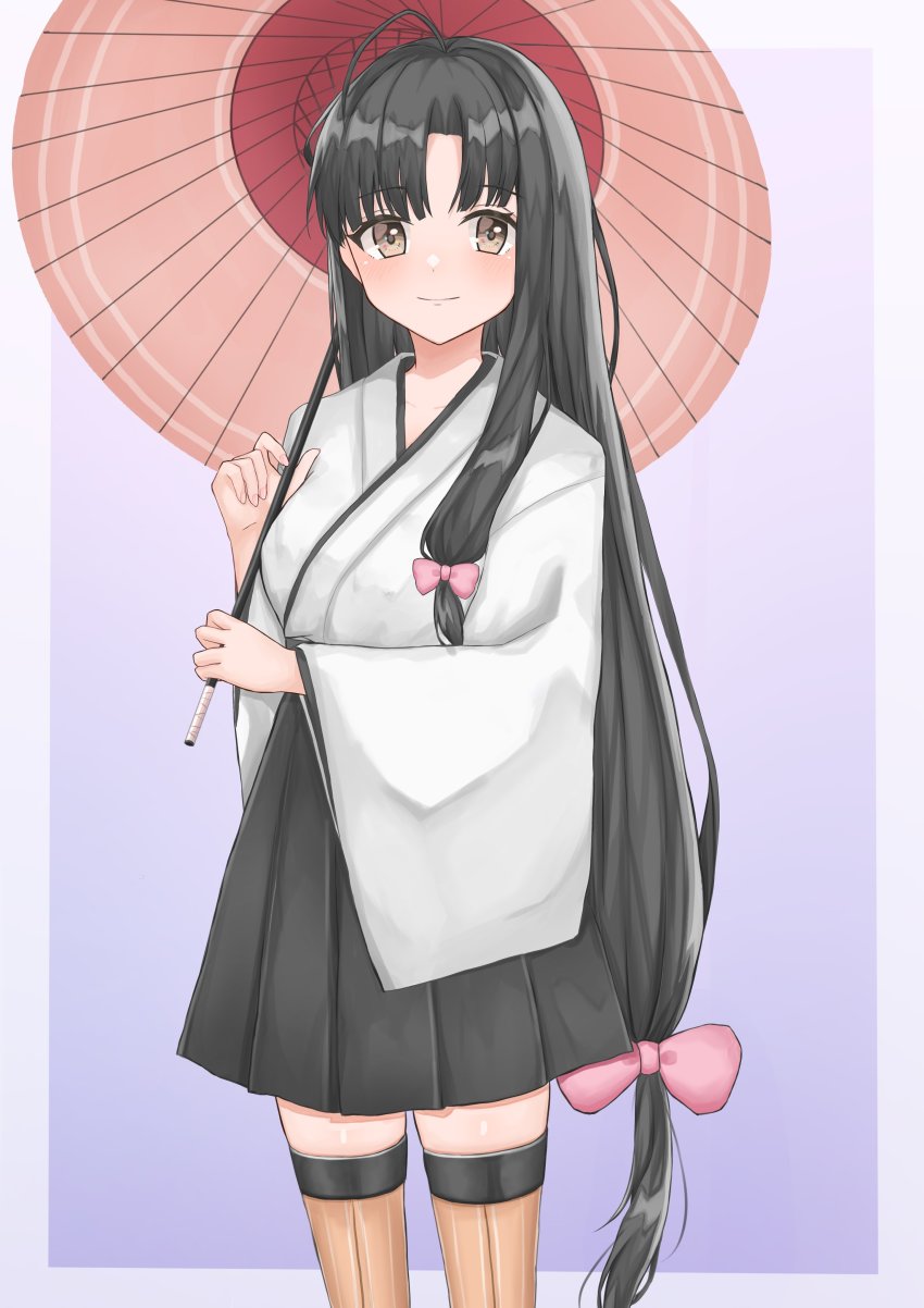 1girl, absurdres, ahoge, black_hair, black_skirt, brown_eyes, cowboy_shot, hakama