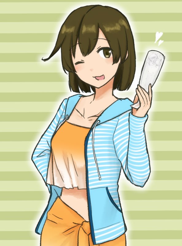 1girl, ;d, bikini, brown_hair, cardigan, collarbone, cup, frilled_bikini