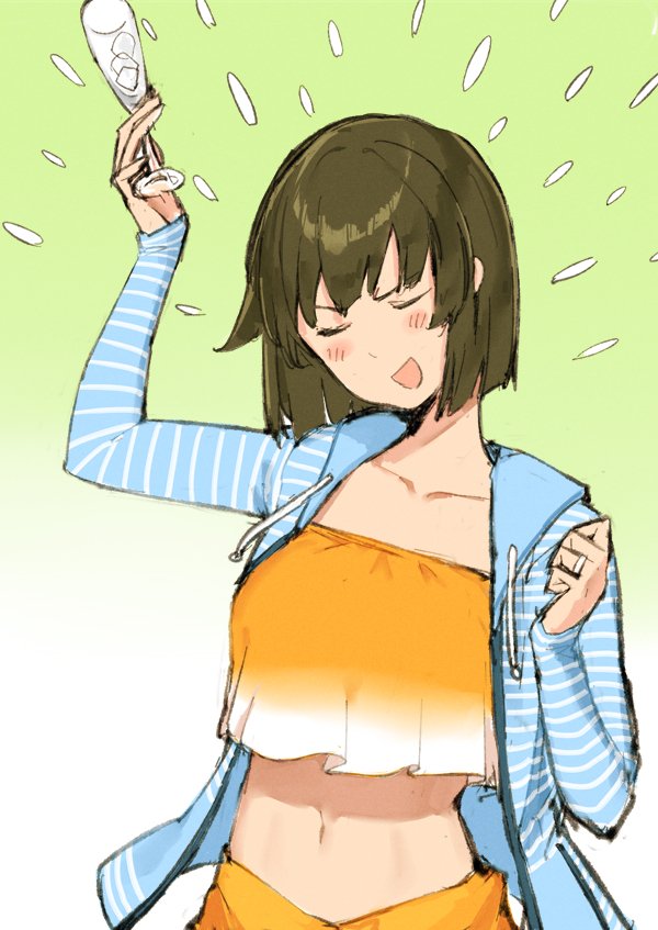 1girl, bikini, blush, brown_hair, cardigan, closed_eyes, cup, drinking_glass