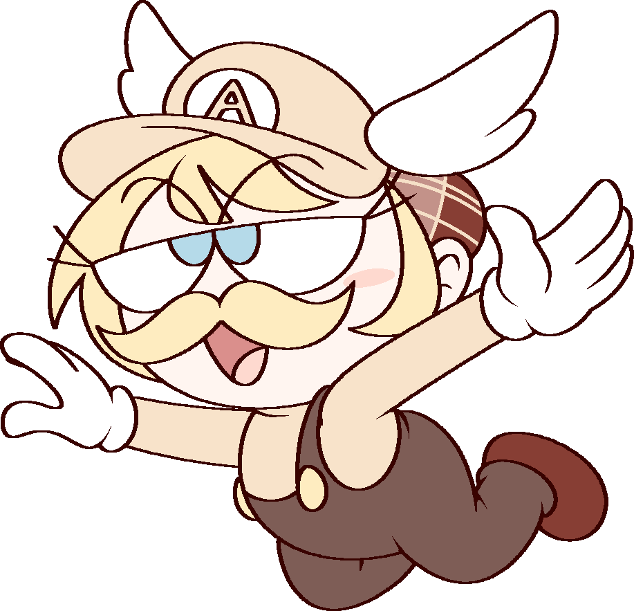 1girl, arms_up, blonde_hair, blue_eyes, blush, blush_stickers, brown_hat, brown_overalls