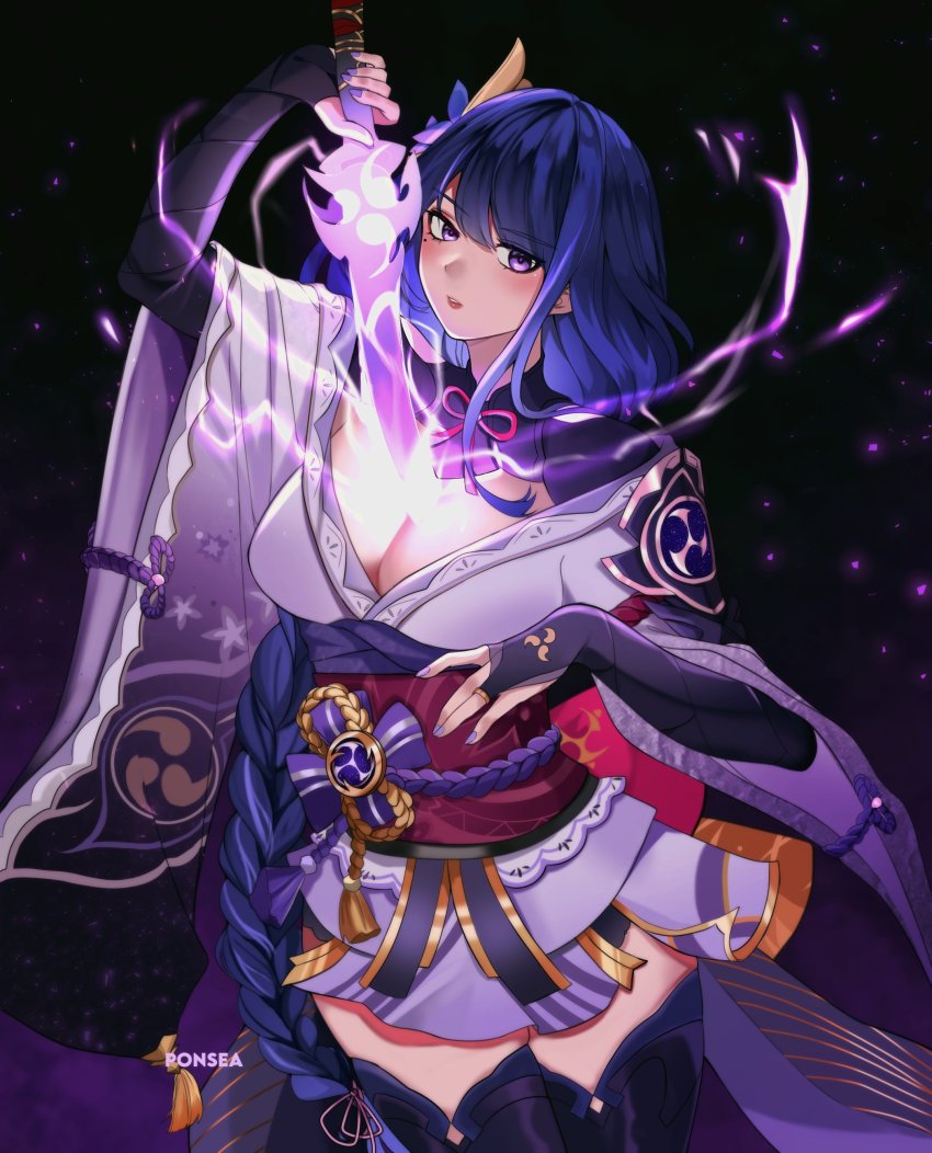 1girl, \||/, absurdres, armor, black_background, breasts, bridal_gauntlets, cleavage, commentary, electricity, energy_sword, english_commentary, flower, genshin_impact, gradient_background, hair_ornament, highres, holding, holding_sword, holding_weapon, human_scabbard, japanese_clothes, kimono, large_breasts, light_particles, long_hair, long_sleeves, looking_at_viewer, mitsudomoe_(shape), mole, mole_under_eye, nail_polish, open_mouth, p0nsea, parted_lips, purple_eyes, purple_flower, purple_hair, purple_nails, raiden_shogun, ribbon, sash, shoulder_armor, simple_background, solo, sword, tassel, thighhighs, tomoe_(symbol), weapon, wide_sleeves