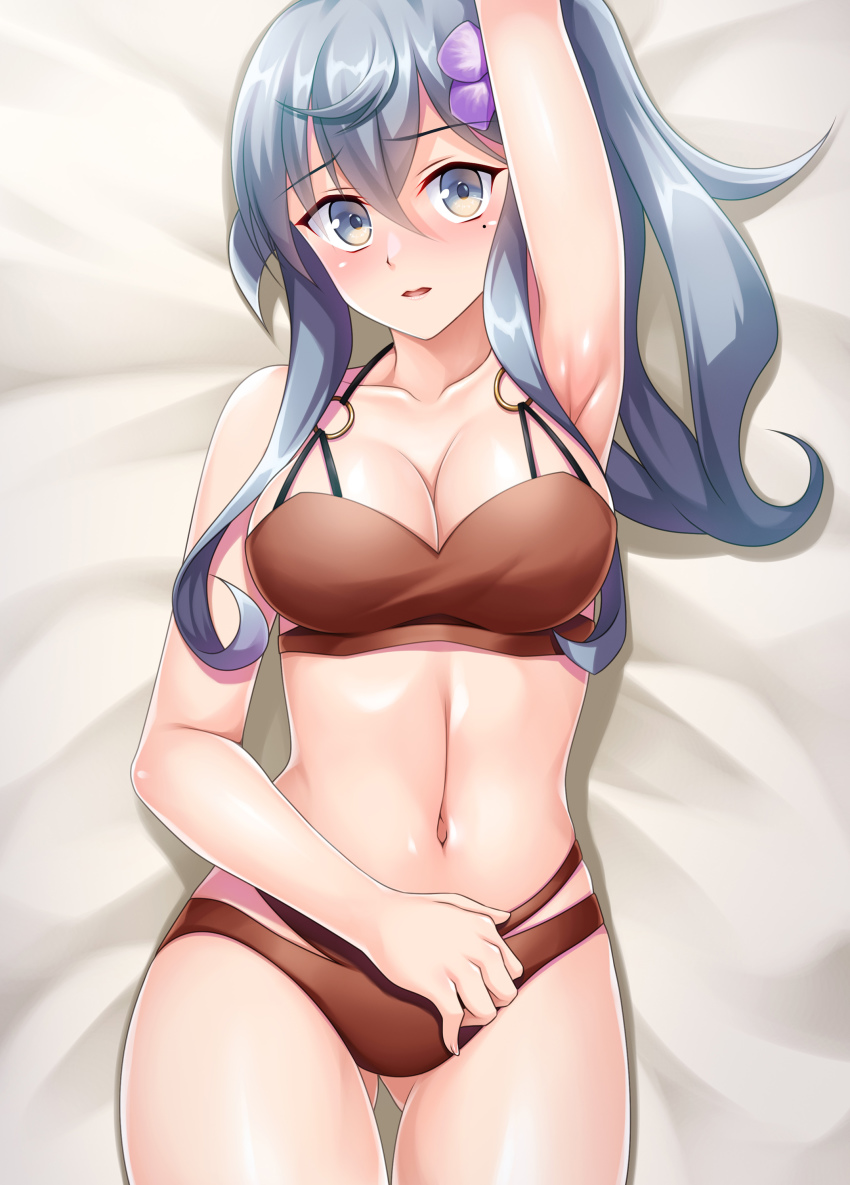 1girl, absurdres, bikini, blue_hair, breasts, brown_bikini, collarbone, flower
