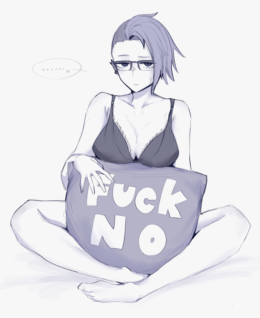 ..., 1girl, absurdres, asymmetrical_hair, barefoot, bob_tks, bra, breasts, cleavage, earrings, expressionless, feet, female_focus, glasses, highres, jewelry, monochrome, original, pillow, profanity, purple_theme, short_hair, sitting, solo, spoken_ellipsis, toes, underwear, yes-no_pillow