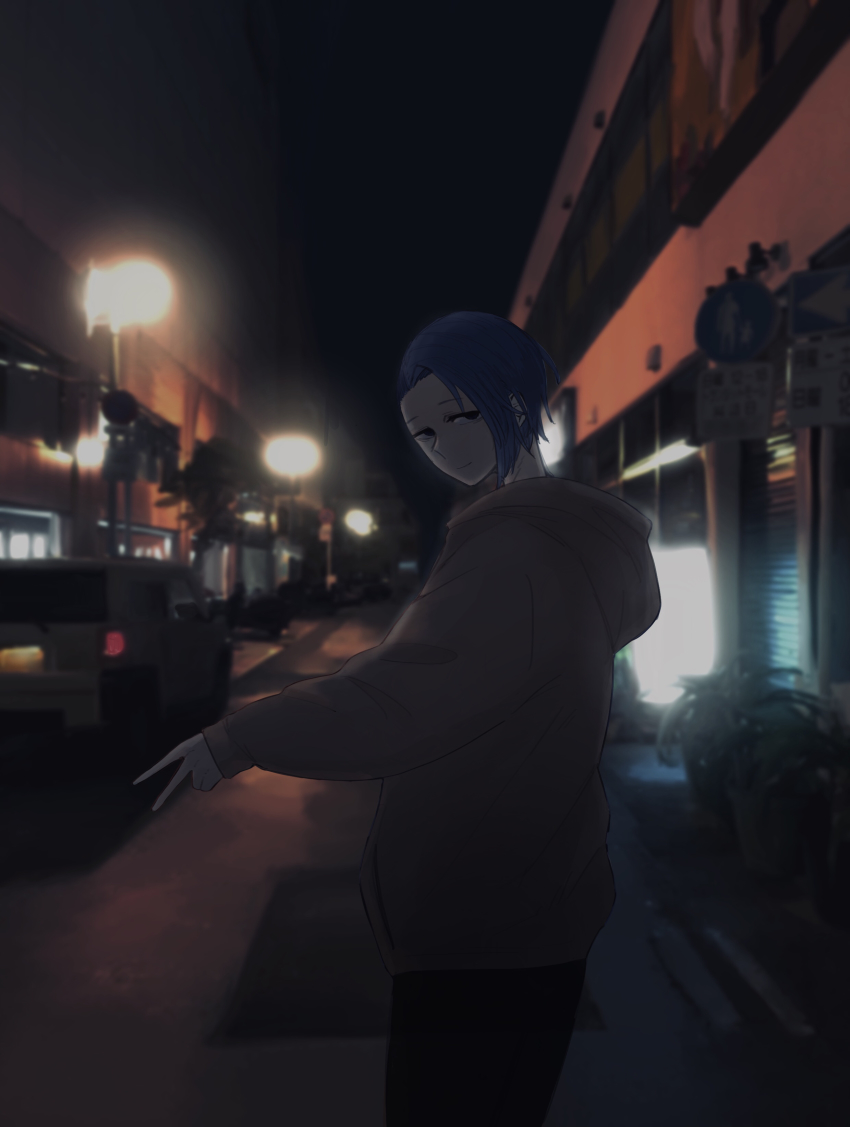 1girl, absurdres, asymmetrical_hair, bob_tks, building, car, city, dark