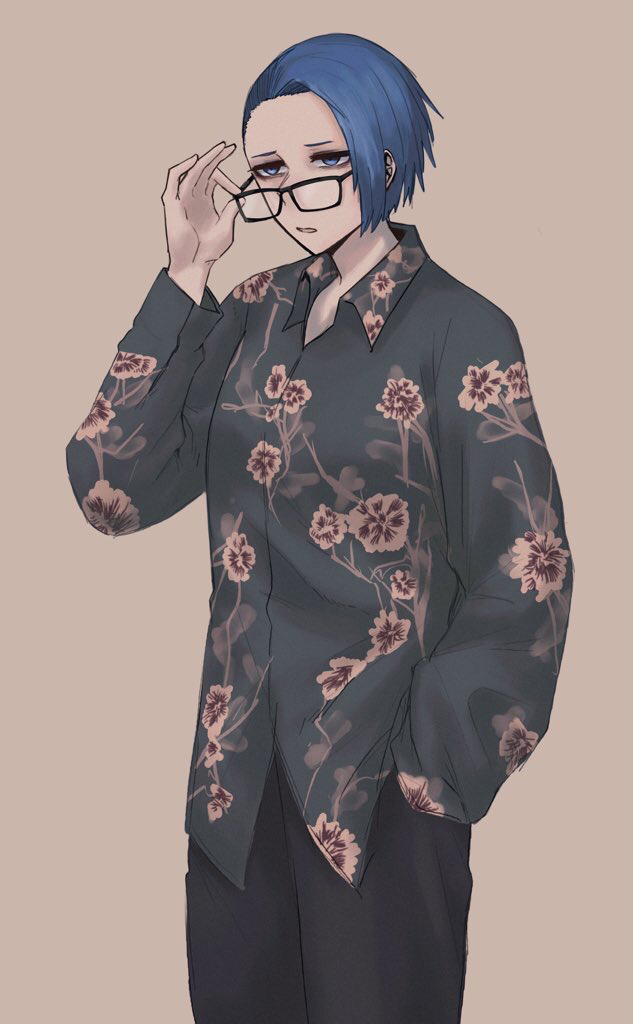 1girl, adjusting_eyewear, asymmetrical_hair, bags_under_eyes, black-framed_eyewear, black_pants, blue_eyes, blue_hair