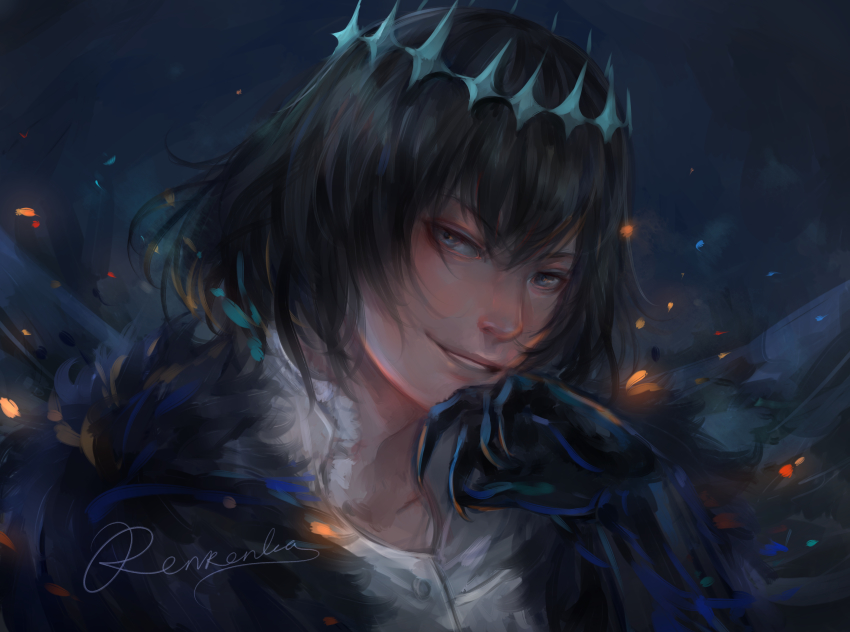 1boy, absurdres, artist_name, black_hair, blue_eyes, cape, cloak, closed_mouth