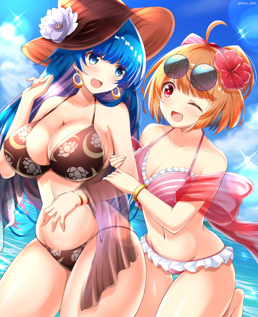 2girls, :d, ahoge, arm_grab, bare_legs, bikini, black_bikini, blue_eyes, blue_hair, blue_sky, blunt_bangs, bracelet, breasts, cleavage, cloud, commentary_request, day, earrings, eyewear_on_head, floral_print, flower, frilled_bikini, frills, hair_flower, hair_ornament, hat, hat_flower, highres, jewelry, kamishiro_(kmsr0302), large_breasts, long_hair, looking_at_another, medium_breasts, multiple_girls, navel, ocean, one_eye_closed, open_mouth, orange_hair, outdoors, pink_bikini, print_bikini, red_eyes, see-through_clothes, setsuna_(shironeko_project), shironeko_project, short_hair, sky, smile, striped_bikini, striped_clothes, sunglasses, swimsuit, thighs, towa_(shironeko_project), twitter_username