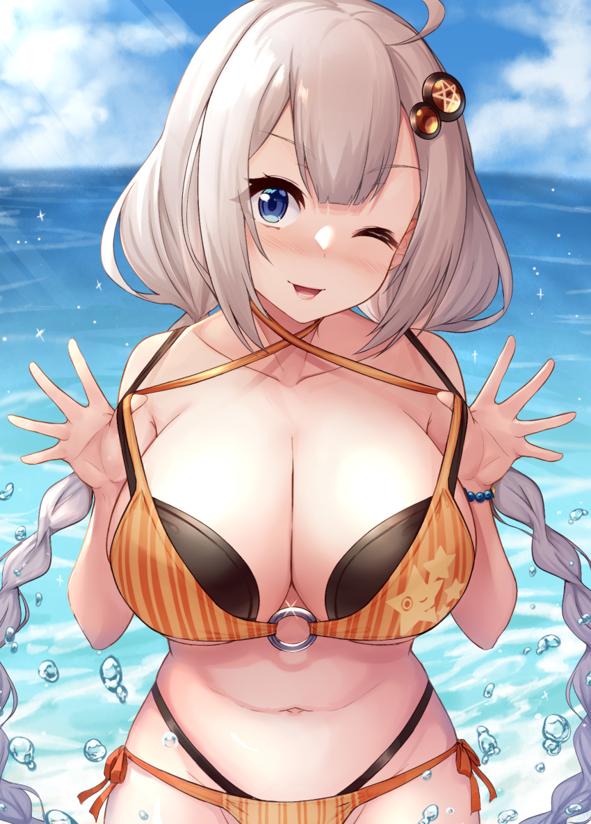 1girl, ahoge, bead_bracelet, beads, bikini, black_bikini, blue_eyes, blue_sky