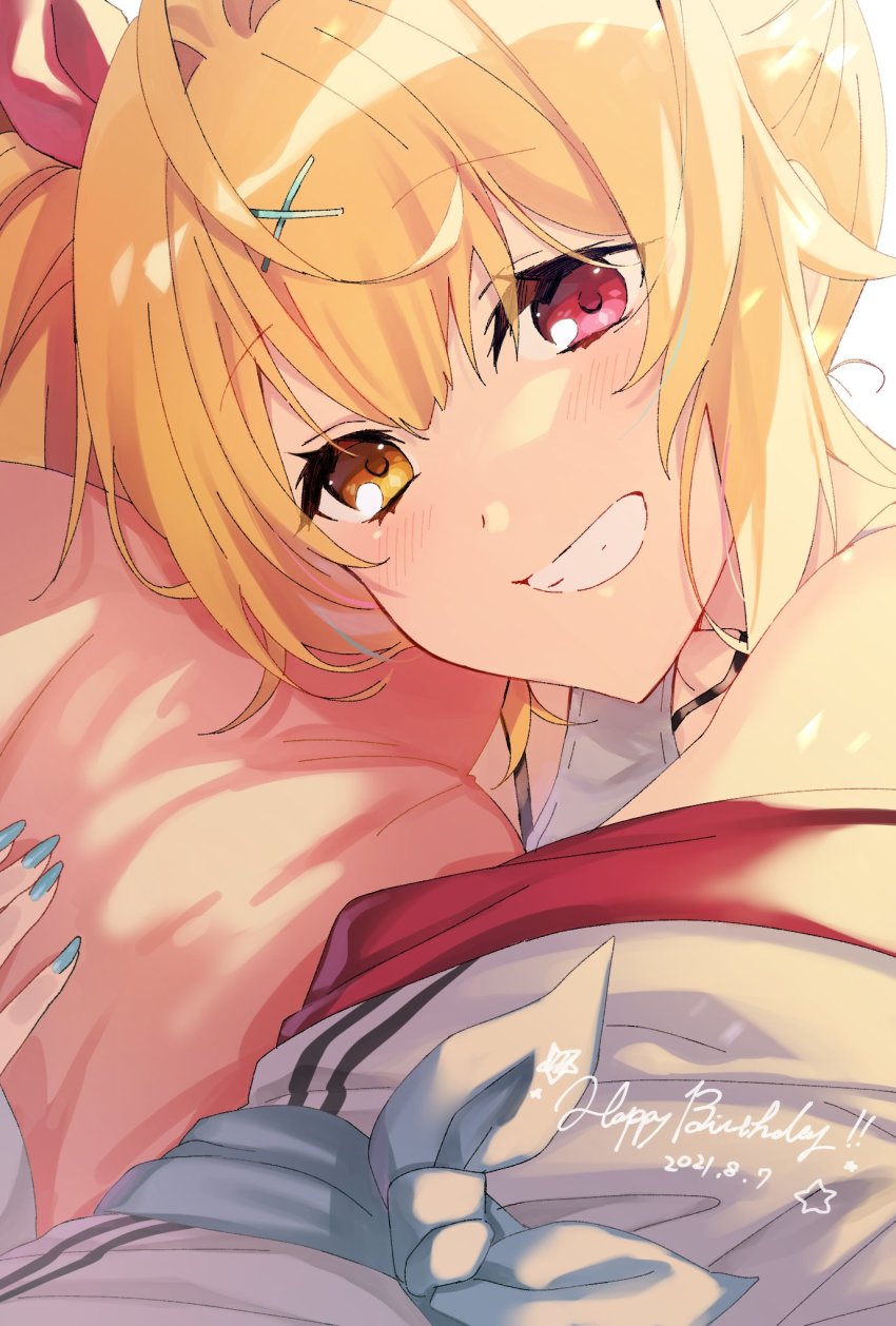 1girl, bad_id, bad_twitter_id, blonde_hair, blue_nails, blue_ribbon, brown_eyes, dated, happy_birthday, heterochromia, highres, hoshikawa_sara, jacket, nail_polish, nijisanji, hugging_object, pillow, pillow_hug, pink_eyes, ribbon, side_ponytail, smile, solo, tai_sheng_nai, virtual_youtuber, white_jacket