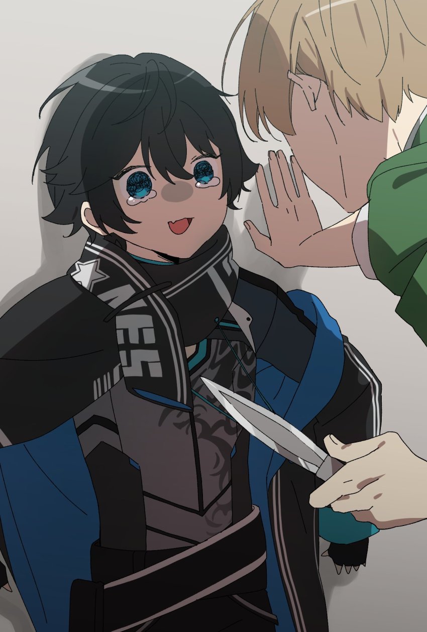 2boys, axia_krone, axia_krone_(1st_costume), black_gloves, black_hair, blonde_hair, blue_bodysuit, blue_eyes