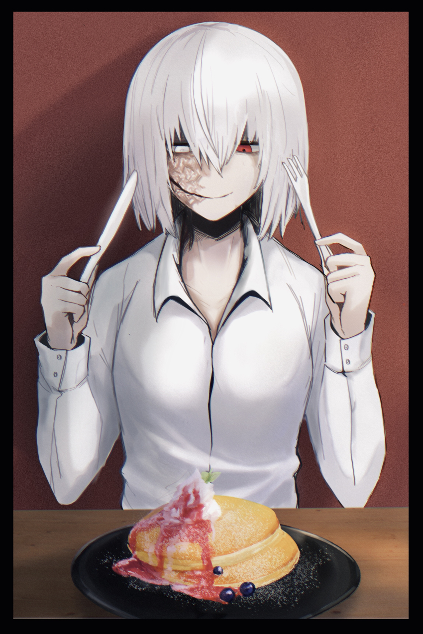 1girl, absurdres, blueberry, bob_tks, breasts, burn_scar, female_focus, food