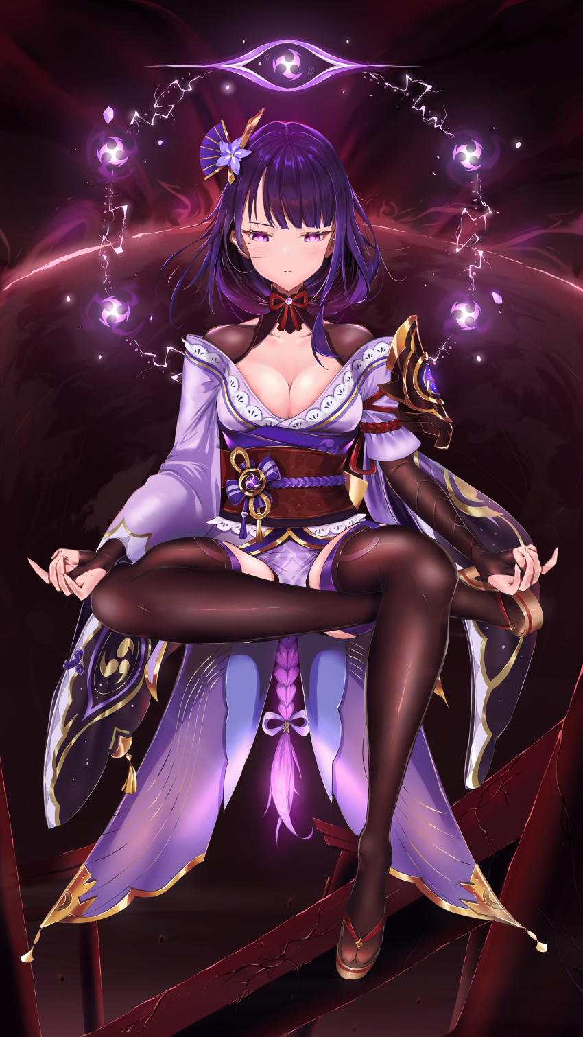 1girl, absurdres, armor, braid, breasts, bridal_gauntlets, chehg, cleavage, closed_mouth, coattails, commentary_request, crossed_legs, electricity, eyeliner, flower, full_body, genshin_impact, glowing, glowing_hair, hair_ornament, half_lotus_position, highres, huge_filesize, japanese_clothes, kimono, large_breasts, long_hair, long_sleeves, looking_at_viewer, makeup, mitsudomoe_(shape), mole, mole_under_eye, purple_eyes, purple_flower, purple_hair, raiden_shogun, ribbon, sash, shoulder_armor, solo, tailcoat, tassel, thighs, tomoe_(symbol), torii, wide_sleeves