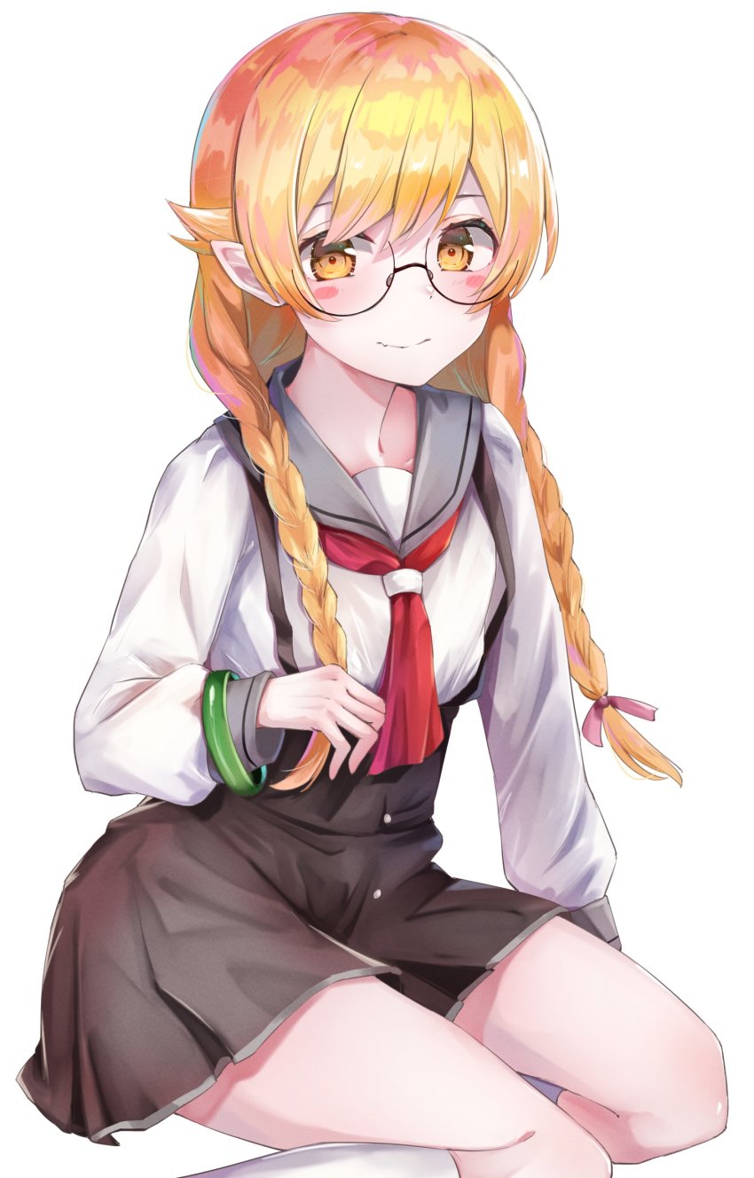 absurdres, blonde_hair, blush, blush_stickers, bracelet, braid, brown_dress, commentary